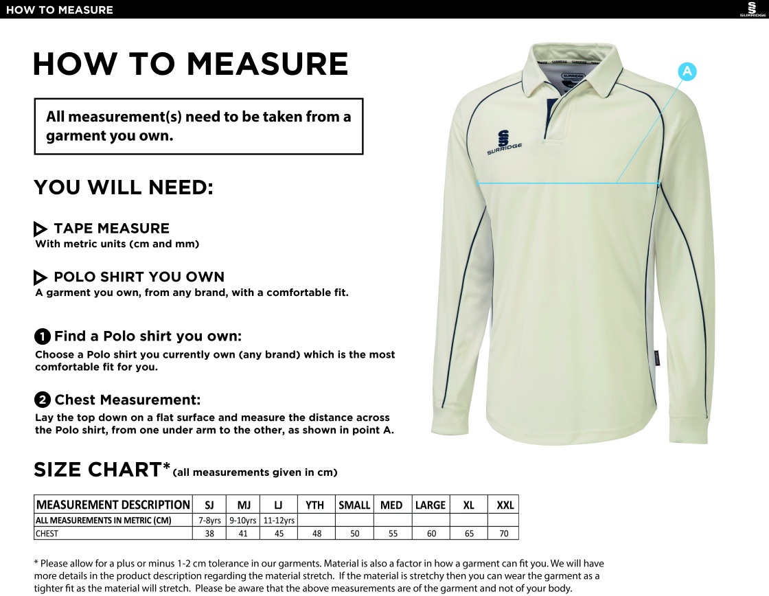 HSBC - Premier Long Sleeve Shirt - Size Guide
