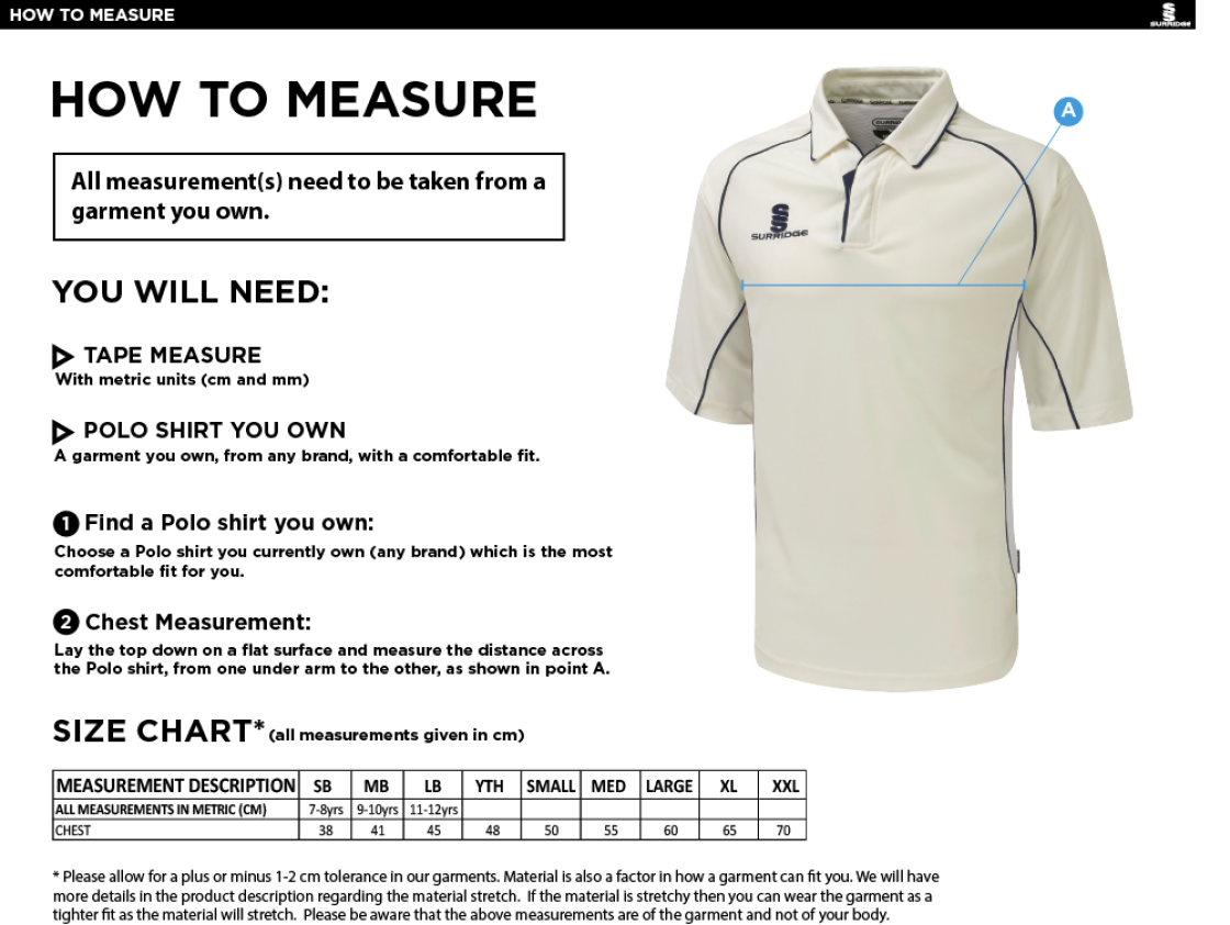 HSBC - Premier 3/4 Sleeve Shirt - Size Guide