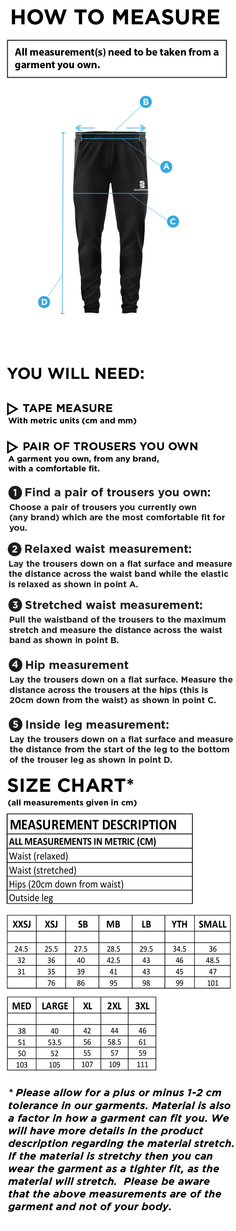 HSBC - Tek Slim Pants - Size Guide