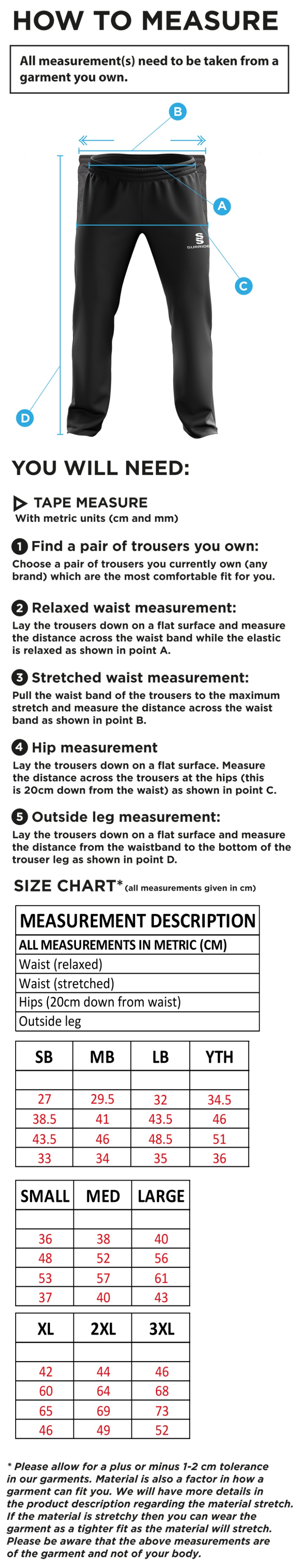 HSBC - Ripstop Track Pants - Size Guide