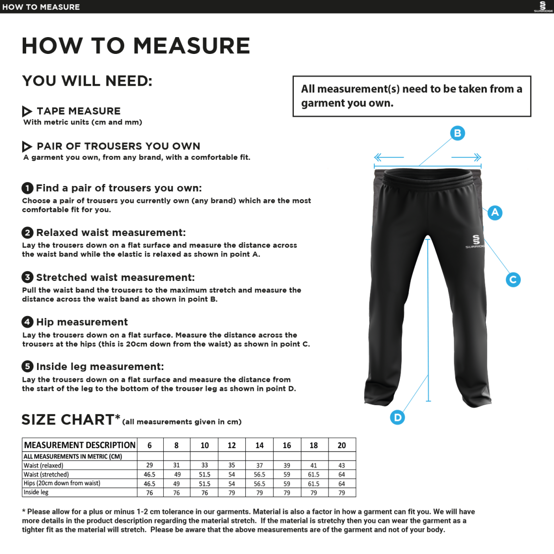HSBC Classic Tracksuit Pant 3/4 Zip Length Navy Female - Size Guide