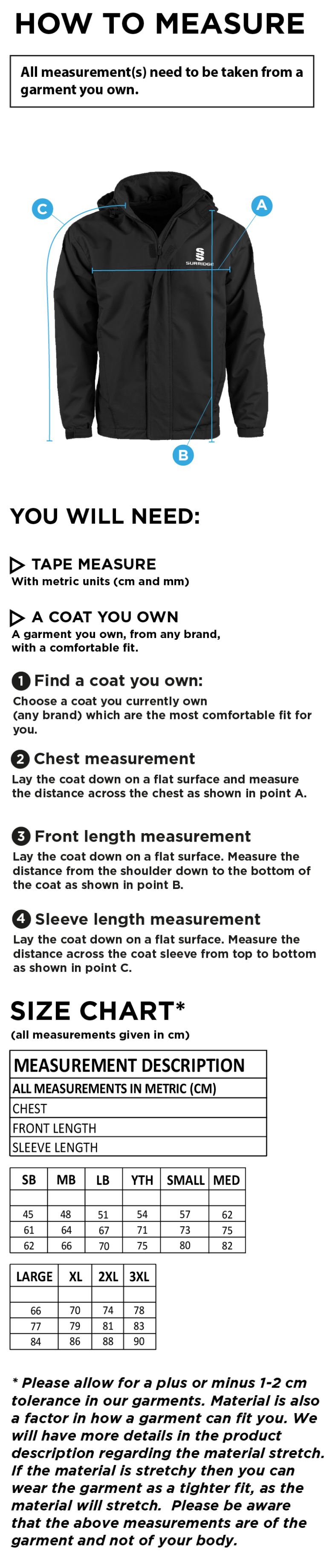 HSBC - Fleeced Line Jacket - Size Guide