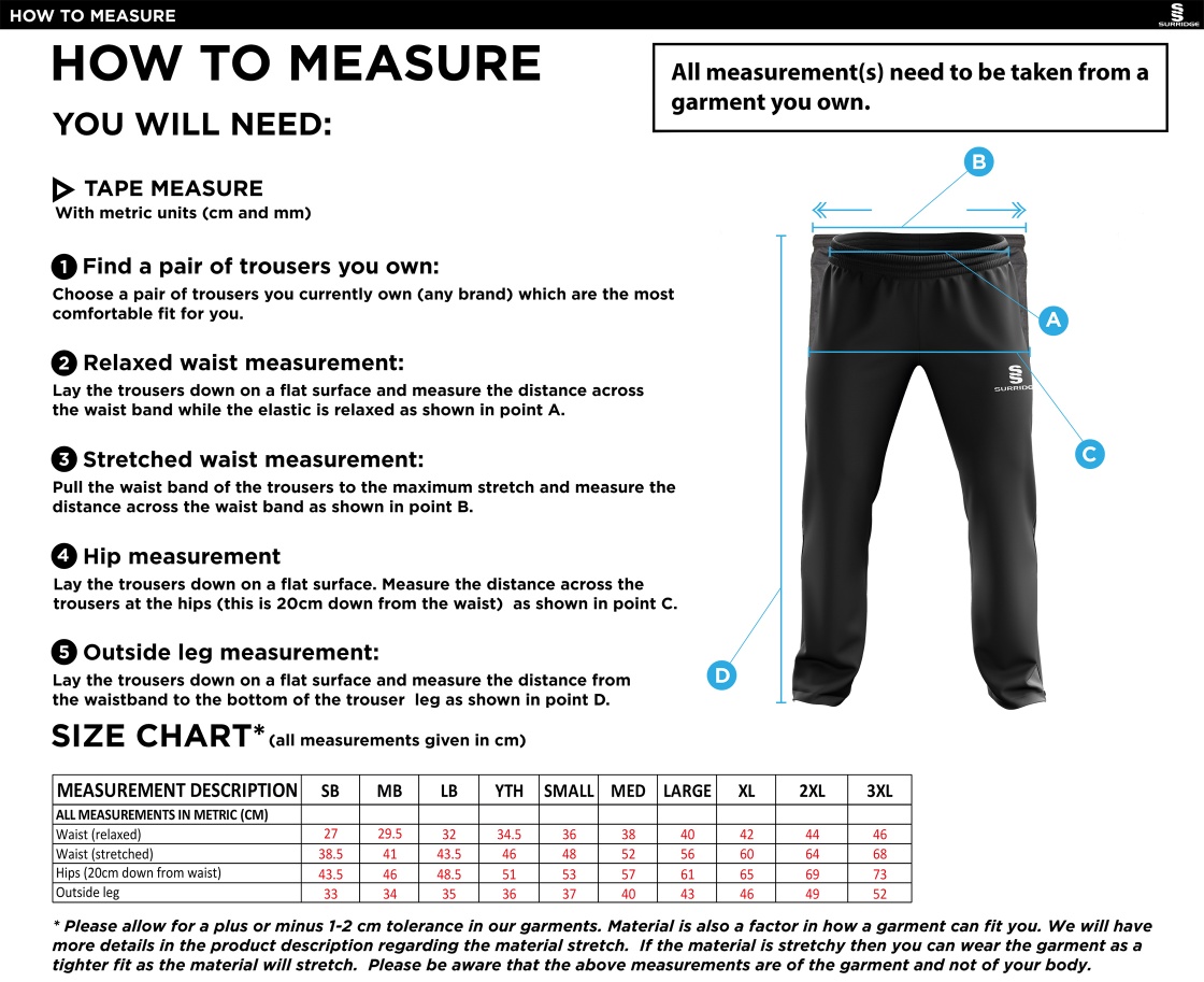 HSBC - Ripstop Track Pants - Size Guide