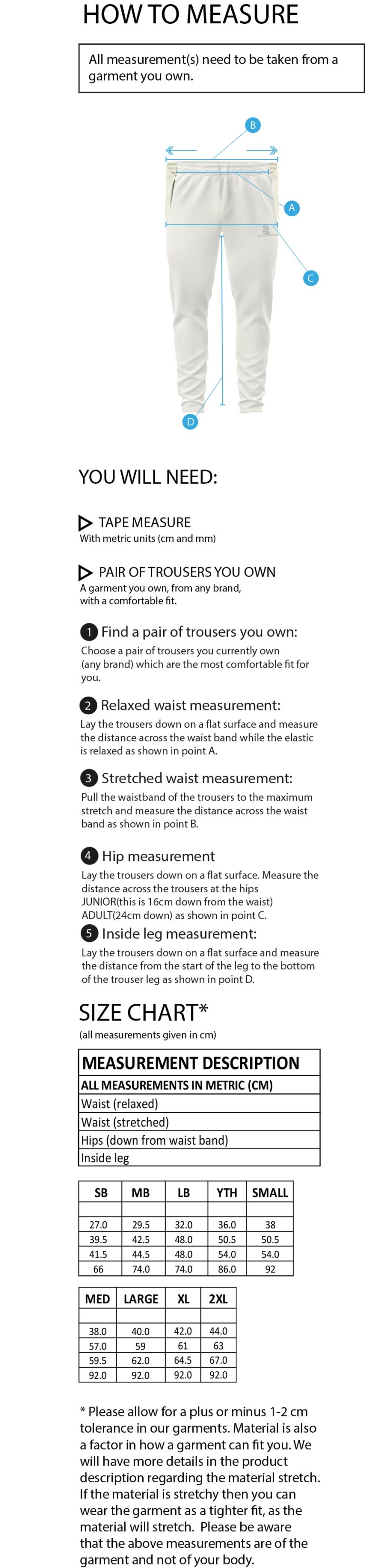 HSBC - Tek Playing Trousers - Size Guide